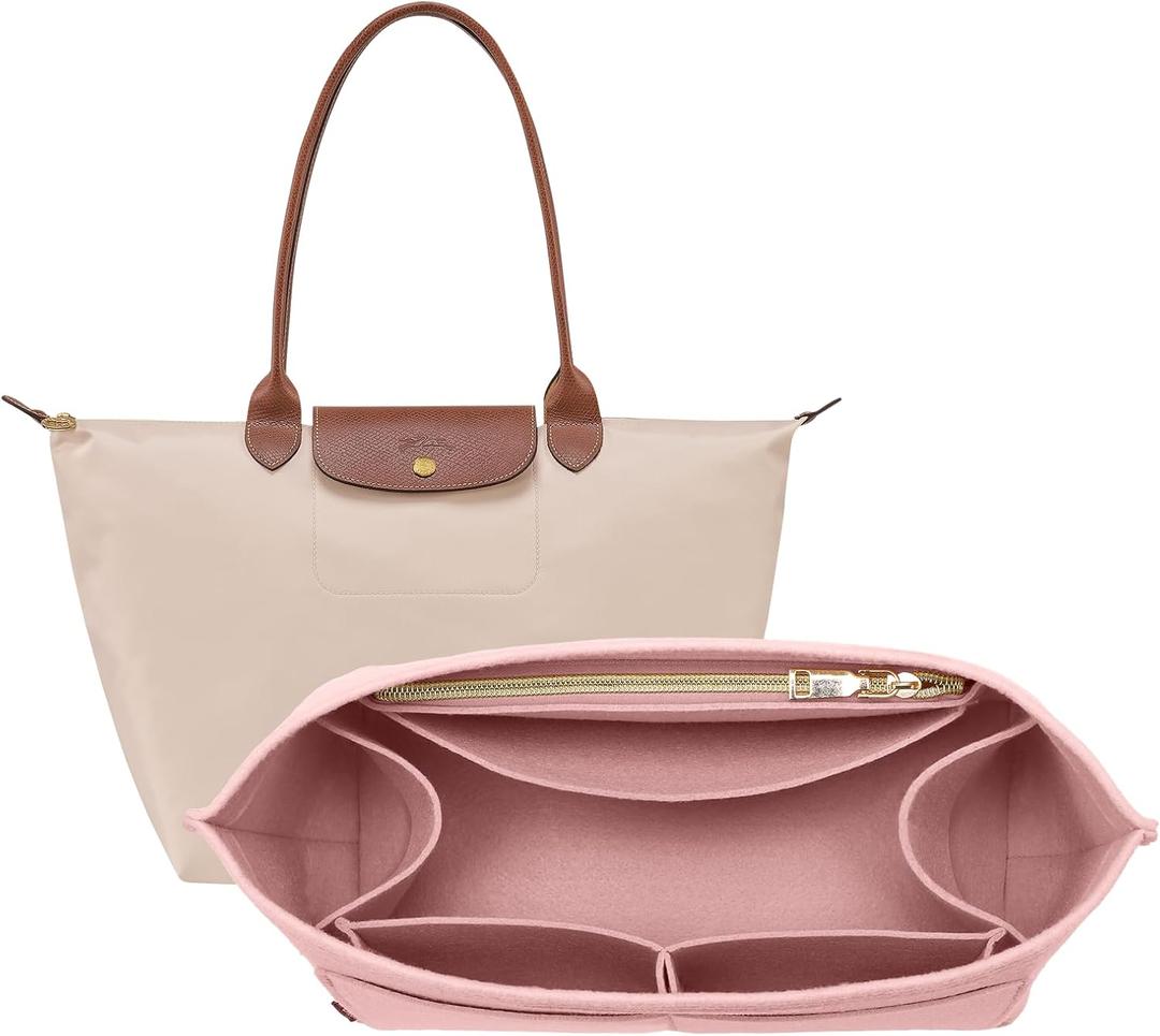 OPPOSHE Purse Organizer Insert for Longchamp Le Pliage, Premium Felt Long Champ Bag Handbag Women, Tote Organizer Insert with 9 Compartments (Medium, Pink) (M-10.4*5.7*7.9in)