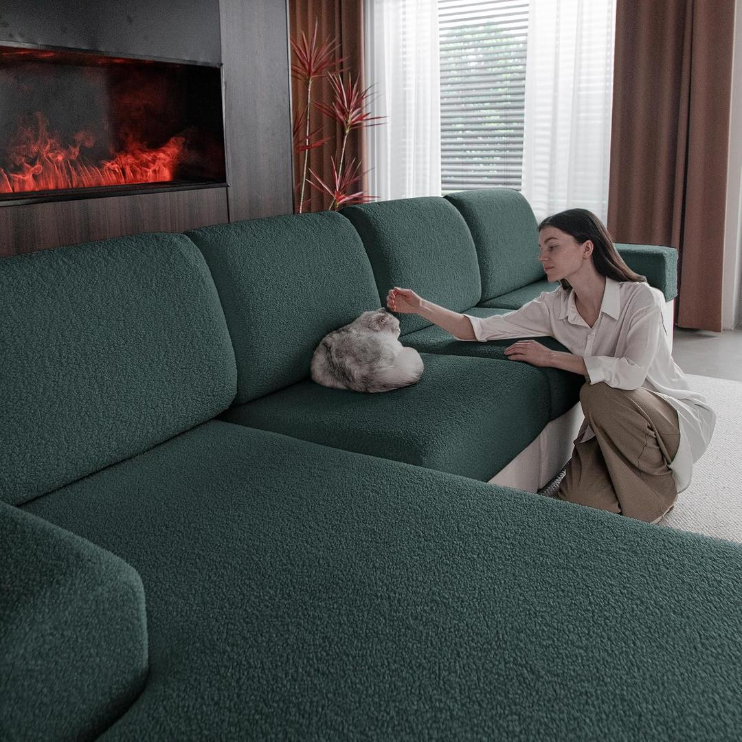 OHSIO Couch Cushion Covers for Sectional Sofa, Stretch Soft Sofa Slipcovers Washable Wear-Resistant Universal Furniture Protector for Living Room(2 Seaters Covers, Green)