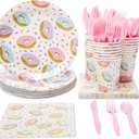 144 Piece Donut Grow Up Party Supplies, Serves 24 Guests Disposable Sprinkle Paper Plates, Cocktail Napkins, Cups, Cutlery, Two Sweet Birthday Party Decorations