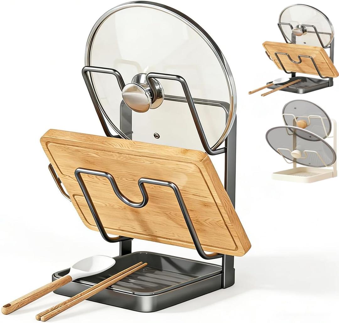 Kitchen Pot Lid Storage Rack, Pot Lid Holder While Cooking, Multifunctional Kitchen Pot Cover Organizer for Countertop, With Removable Drip Tray (Gray Double)