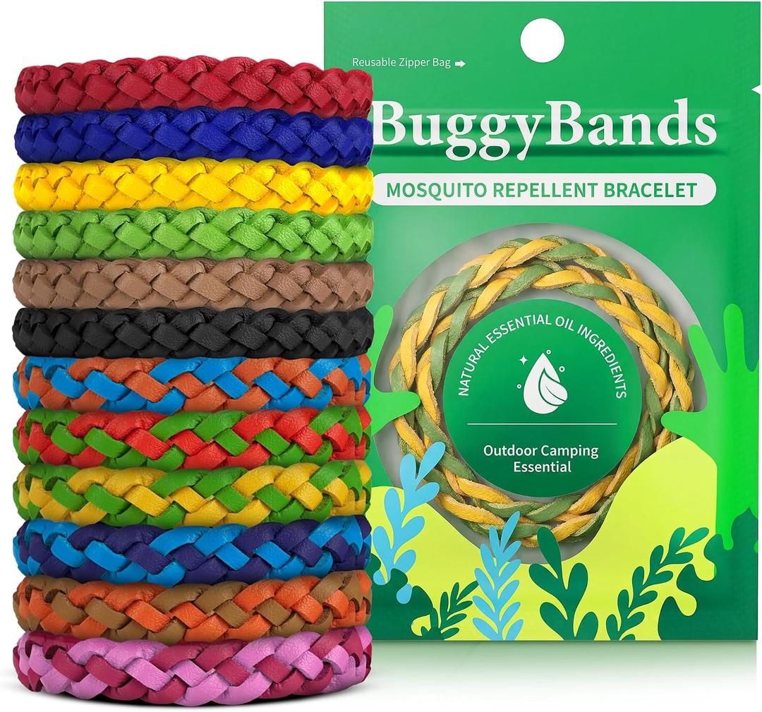 BuggyBands 24 Pack Mosquito Repellent Bracelets for Adults & Kids, DEET-Free, Individually Wrapped, Adjustable PU Leather Bug Repellent Wrist Bands