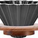 Ceramic Coffee Dripper Pour Over Coffee Maker with Wood Stand Elegant Flower Shape Filter (black)