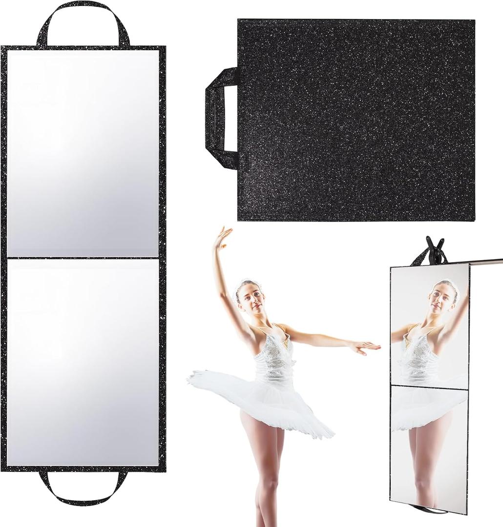 Foldable Full Length Mirror, Hanging Wall Mirror Portable Travel Mirror with Handle for Dance Home Bedroom Wardrobe Stage Makeup Checks Camping Outdoor Use (32.2" L x 12.5" W, Bi-Fold)