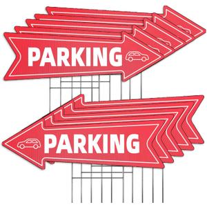 10 Pack Large Size 23 X 7.2 Inch Directional Parking Signs with Arrows - Durable Corrugated Plastic Event Parking Yard Signs, Red & White, Left & Right Arrow, with Stakes