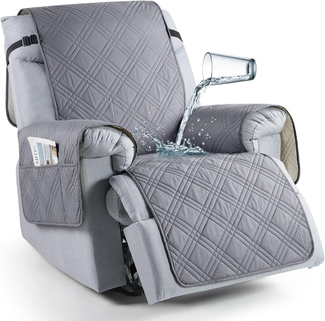 TAOCOCO 100% Waterproof Recliner Chair Cover, Small Recliner Covers for Recliner Chair with Pocket, Non Slip Reclining Chair Cover Furniture Protector for Kids, Pets(20'', Gray) (Grey)