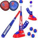 3-in-1 Kids T-Ball Set for Toddlers 3-5 with Fixed Tee Ball Stand, Baseball Launcher, Toss and Catch Ball Game - Outdoor Sports Toy Gift for Boys and Girls