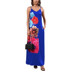 Summer Maxi Dress for Women 2025 Plus Size Casual Sexy Floral Sleeveless Vacation Long Sundresses with Pockets (Blue, S)