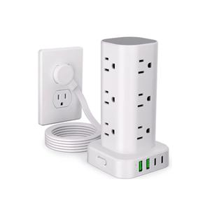 Power Strip Tower with Multiple Outlets, Flat Plug Surge Protector Tower Extension Cord with 12 AC Outlets 4 USB Ports (2 USB C), 6FT Cord Power Tower Surge Protector for Home Office Dorm Room, White