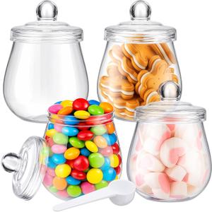 Nuogo 4 Pcs Plastic Candy and Cookie Jars with Lids Clear Cookie Container Candy Jars Large Airtight Apothecary Storage Organization for Wedding Home Kitchen Bar (Classic, 16 oz)