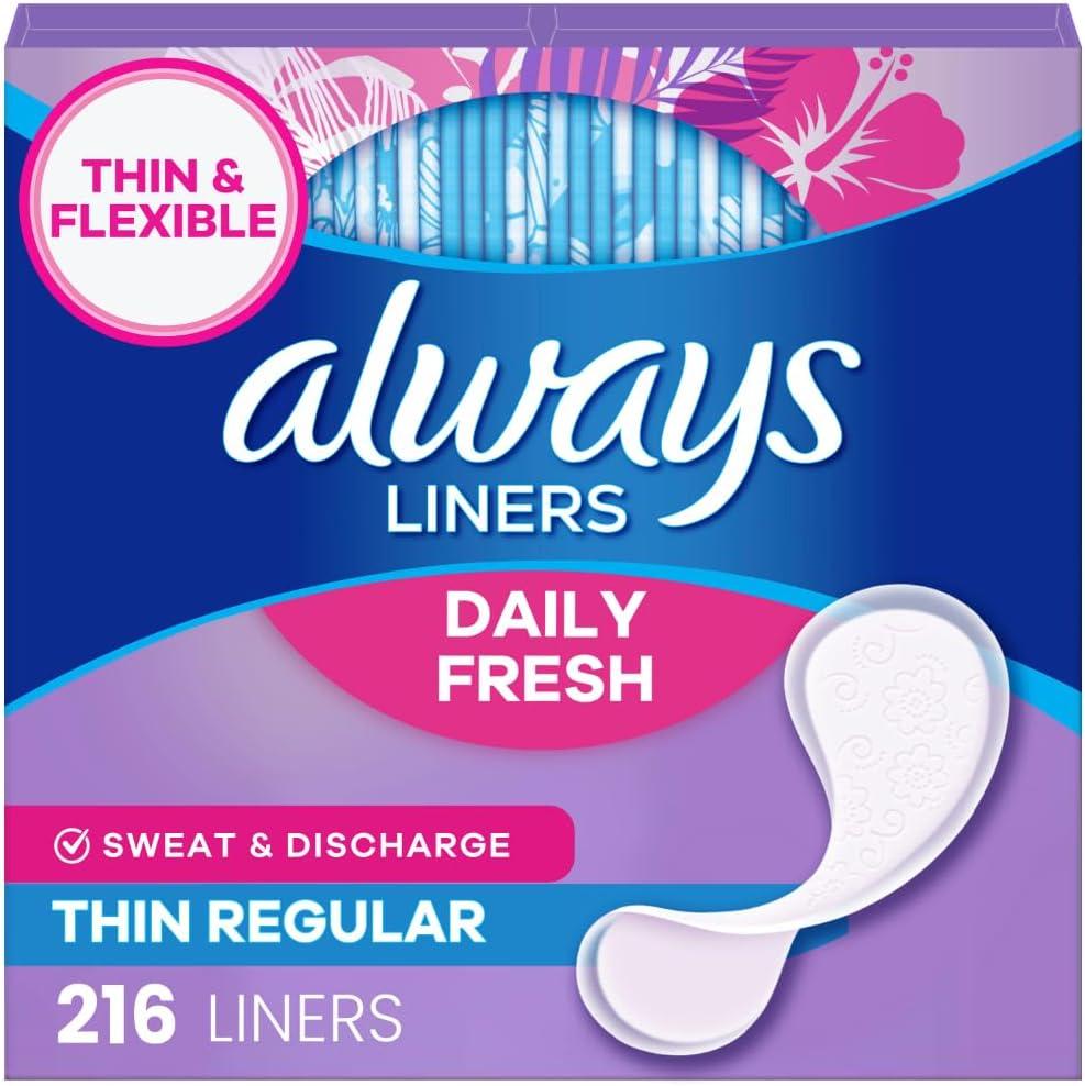 Always Daily Fresh Thin Liners, Regular Absorbency, Unscented Panty Liners, 216 Count