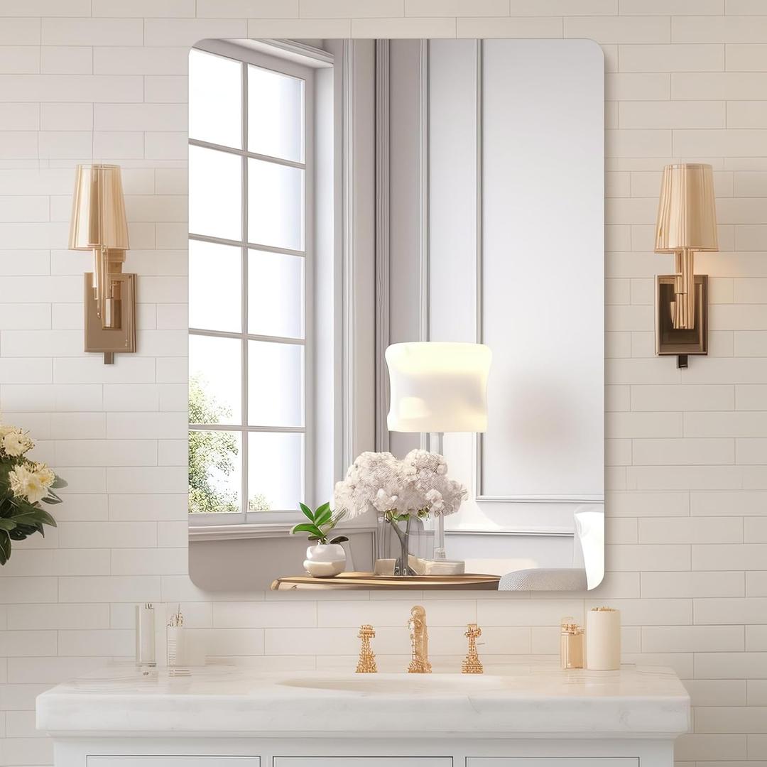 Mirrorons 18x24 Frameless Bathroom Mirror, Rounded Corner Bathroom Vanity Mirror, Modern Wall Mounted Vanity Mirror for Living Room, Bedroom, Entryway (Horizontal/Vertical)