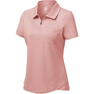 MoFiz Womens Zip up Golf Polo Shirt Short Sleeve Workout Golf Top Moisture Wicking Lightweight Tennis Shirts (Pink, XL)