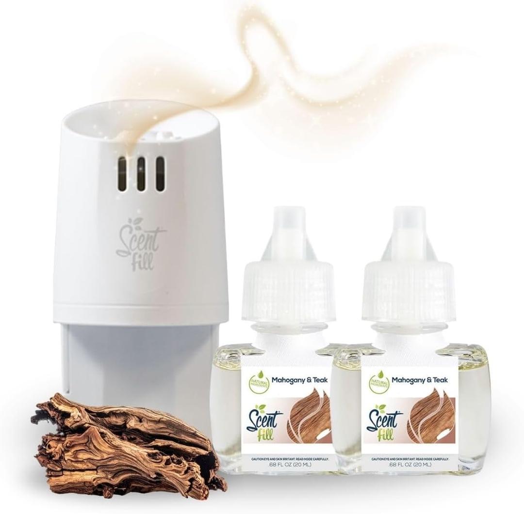 Scent Fill Mahogany Teak Plug in Air Freshener, Scented Oil Refills, 2 Refills + Diffuser (0.68 Fl Oz (2 Refills + Diffuser))