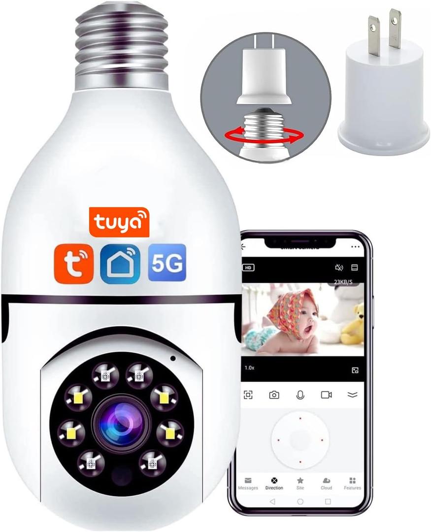 Light Bulb Security Camera, 5GHz 2.4GHz ,Degree Pan/Tilt Panoramic IP Security Camera, TUYA WiFi 1080P Smart Home Surveillance Cam with Motion Detection Alarm Night Vision Two Way Talk Indoor E27