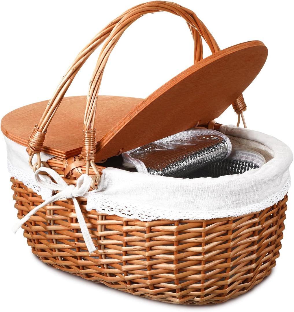 DoubleFill Wicker Insulated Picnic Basket with Lid Wicker Picnic Basket with Folding Handles and Insulated Cooler Bag for Camping Outdoor Easter Valentine Birthday Gift(White)