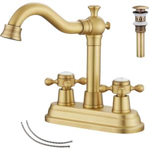 GGStudy Antique Brass Bathroom Faucet - 2 Handles, 4 Inches Centerset, RV Vanity With Drain Assembly and Supply Hose