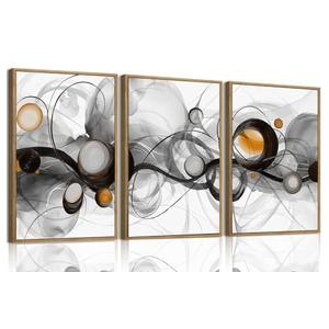 OIQArtOIQ 3 Piece Large Abstract Canvas Wall Art For Living Room Grey and Gold Framed Wall Art Fluid Lines Minimalist Modern Aesthetic Art Prints Artwork For Bedroom Office Dining Room 24x36 in