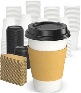Dealusy 100 Pack 12 oz Disposable Coffee Cups with Lids and Sleeves, Sturdy Thick Paper & Leak-free Insulated to Go Paper Hot Coffee Cups with Sip Lids for Hot & Cold Beverage