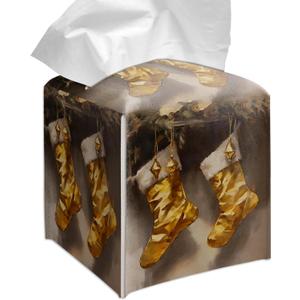 Grace Yonks Christmas Tissue Box Cover Square, Golden Stockings Hanging Design Cube Case for Facial Tissues, 5.2" PU Leather. (098)