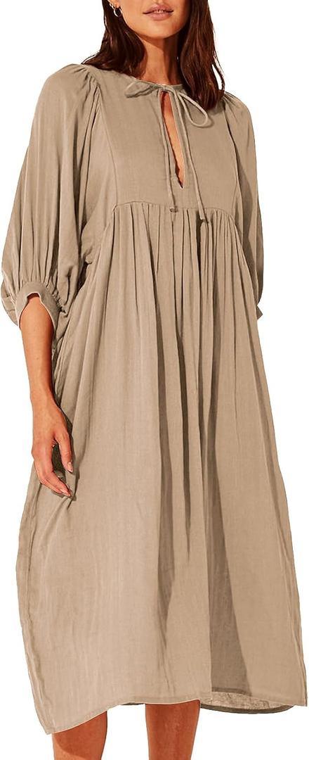 Puff Sleeve Dress for Women - Fall Beach Boho Half Open Collar Loose Midi Dresses Beige 