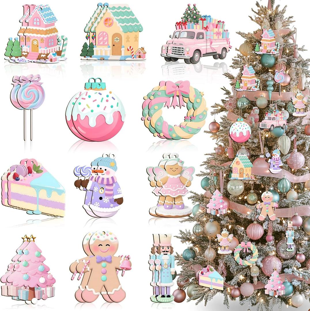 Kathfly 24 Pcs Pastel Christmas Tree Ornaments Candy Christmas Hanging Decor Wooden Gingerbread Man Lollipop Ice Cream Cake Ornament for Xmas Tree Garland Home Holiday Indoor Decor