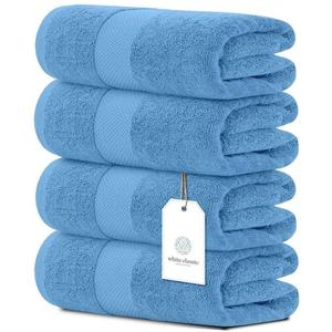 White Classic Luxury Light Blue Bath Towels Pack of 4, Hotel Quality Bathroom Towel 27 x 54 Set, Blue Shower Cotton Towels 4 Pack, Large Thick Plush Bath Towels 700 Gsm For Body, Hair, Pool, Gym