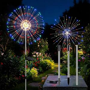 2 Pack Solar Firework Lights Outdoor, Adjustable 32" to 51" Extra Tall, 200 LED Stainless Steel 3-Section Pole, 8 Modes Waterproof Starburst Garden Lights for Yard Pathway Walkway Decor