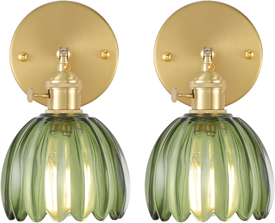 Vintage Wall Sconces Set of 2 with Green Tulip Glass Lampshade 180 Degree Adjustable Brass Sconces Hradwired Modern Wall Lighting Fixture with Switch for Bedside Bedroom Doorway (Hardwired (2 pack), Tulip Green)