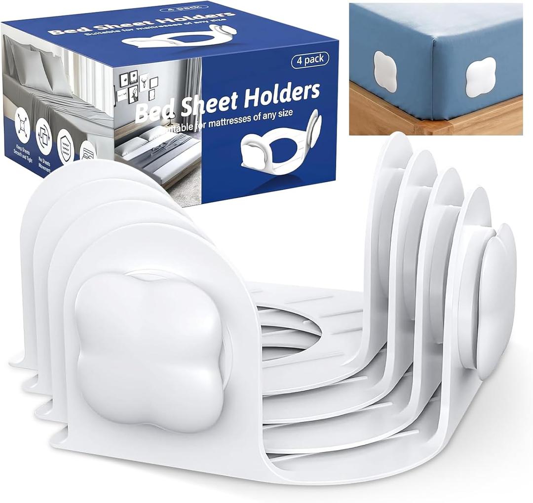 4Pcs Bed Sheet Holders for Corners, Fitted Sheet Holder Keep Sheets Firm, Durable Heavy Duty Bed Sheet Clips, Bed Lock Sheet Holders,Fit All Mattress Easy Install (White)