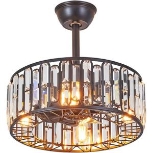 18.2" Modern Crystal Ceiling Fan with Light Black Crystal Fandelier Light Caged Ceiling Fan Light with Remote Reversible Industrial Chandelier Fan for Bedroom Living Room Dining Room Entry foyer, Black Crystal 18.2 IN