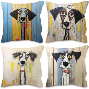 Abstract Dogs Pillow Covers 18x18 - Funky Dogs Throw Pillow Cover, Fun Quirky Dog Lovers Gifts Presents for Women Men, Trendy Quirky Dog Home Decor, Set of 4