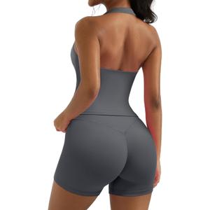 OMKAGI 2 Piece Workout Sets for Women Halter Sports Bra Tank Gym Biker Shorts Outfits (Medium, Grey)
