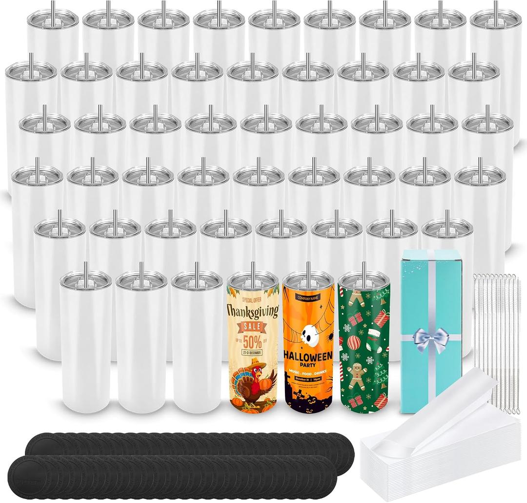 DS 50 Pack Sublimation Tumblers 20 oz Bulk Skinny Straight Flat Bottom Blank Tumbler Cups with Individual Gift Boxed for Heat Transfer DIY Craft