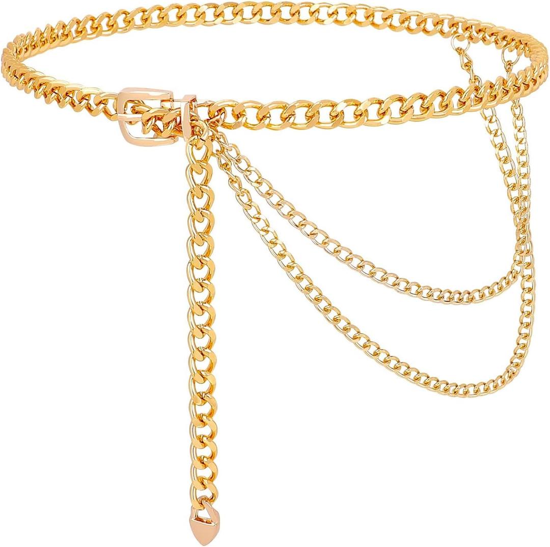WHIPPY Waist Chain Belt Women Ladies Adjustable Body Waist Link Belts for Jeans Dresses (Fit for Waist up to 46", A-gold Tone-two Layer)