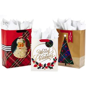 Hallmark Christmas Gift Bag Assortment with Tissue Paper (Pack of 3 Gift Bags: 1 Large 13", 2 Extra Large 15") Gold, Plaid, Santa