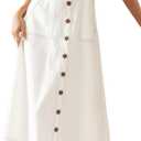 chouyatou Women's Adjustable Strap Midi Long Denim Dress 2025 Button Down A-Line Swing Flowy Jean Dress (Off-white) 