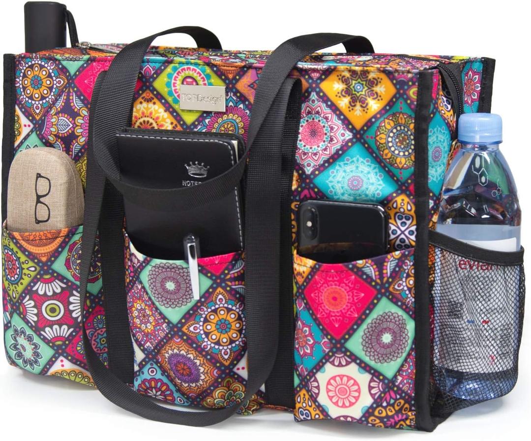 TOPDesign Utility Water Resistant Tote Bag with 13 Pockets, Top Zipper Closure & Thick Bottom Support, for Working Women (Large, Yoga)