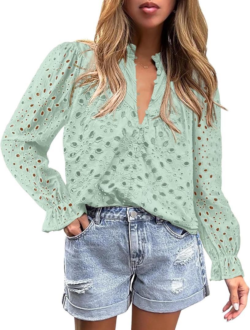 PRETTYGARDEN Women's Dressy Casual Blouse Tops Fall Spring Puff Long Sleeve Button V Neck Hollow Out Lace Embroidered Shirts (S)
