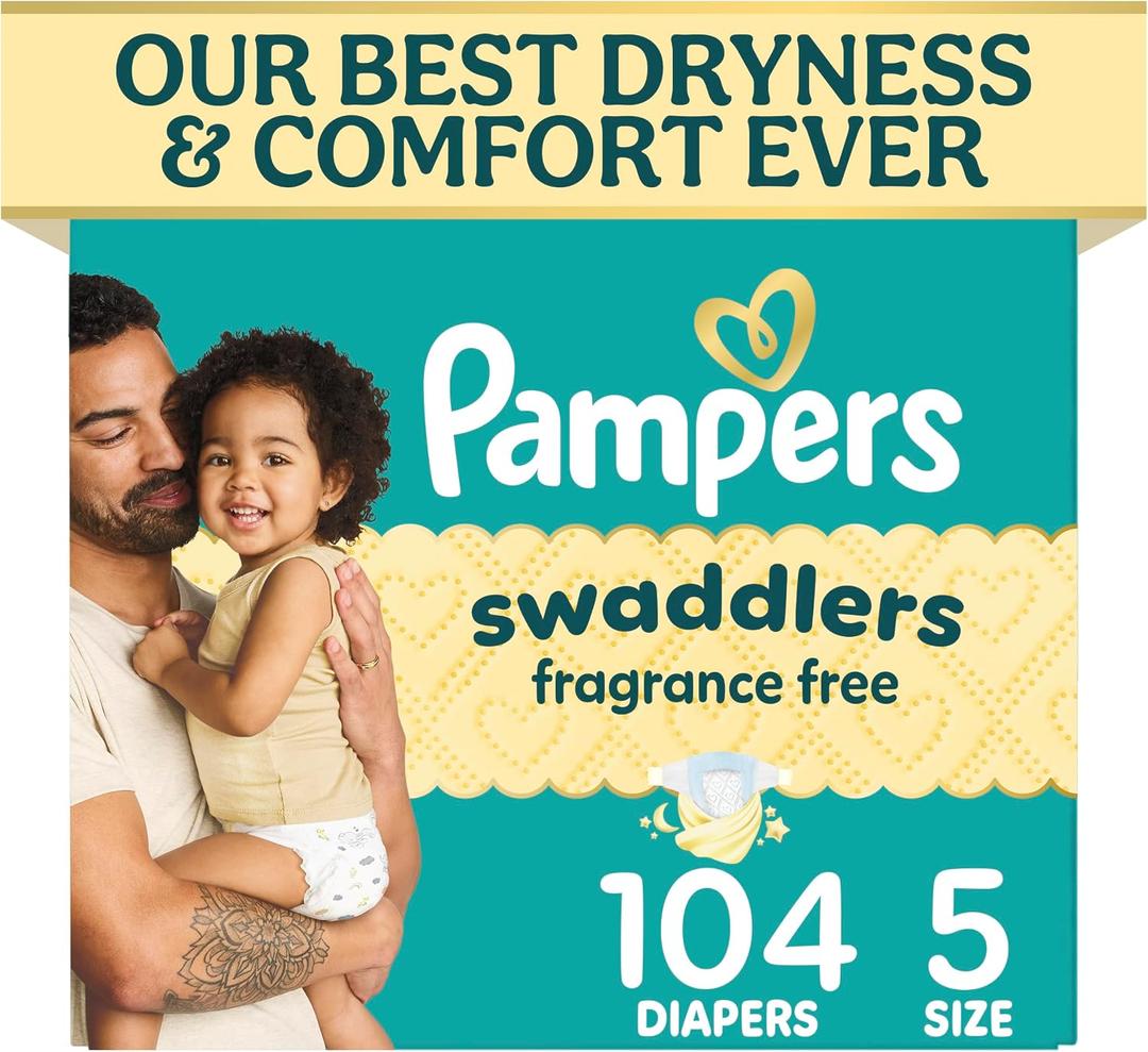 Pampers Swaddlers Diapers, Size 5 (20-37 lbs), 104 Count, Fragrance Free, Hypoallergenic, Absorbent, Pediatrician Recommended, Skin Safe