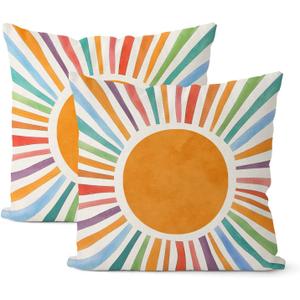 Summer Pillow Covers 18x18 Set of 2 Boho Sun Throw Pillows Yellow Blue Orange Stripes Sunshine Watercolor Rainbow Pillowcase Linen Boho Outdoor Decorations Cushion Case for Couch Sofa Decor