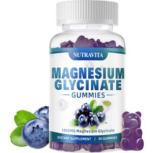 2 x Magnesium Glycinate Gummies 1000mg with Magnesium L-Threonate,Chelated Magnesium Potassium Complex Supplement with VitD, B6, CoQ10, Calcium,Supports for Memory, Calm, Mood - 90 Gummies Blueberry