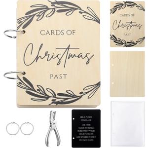 Hoolerry Christmas Wood Card Organizer Set Christmas Card Holder Include a 6 x 8 Cards Organizer a Hole Punch a Print Template 20 Protectors for Holiday Greeting Storage Gift (Classic)