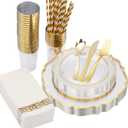 200 PCS Baroque Clear Gold Dinnerware Set for 25 Guests,Gold Rimmed Heavy Duty Plastic Disposable Plates for Party Wedding with Napkins,25Dinner Plates,Dessert Plates,Spoons,Forks,Knives,Cups