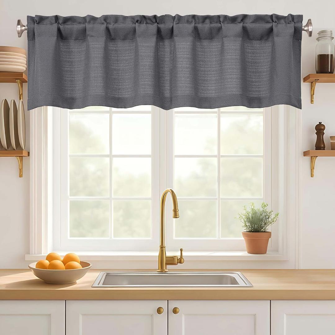 Dark Grey Valance for Windows 14 Inch Length, Light Filtering Faux-Linen Modern Short Valance Kitchen Curtain for Bathroom Basement, Rod Pocket Farmhouse Short Curtain, 1 Piece, 60Wx14L Inches