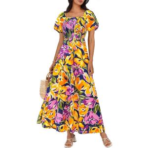BTFBM Womens Spring 2026 Casual Maxi Dresses Short Sleeve Smocked Tiered Floral Boho Long Beach Dress with Pockets (XXL)