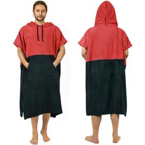 Surf Poncho Changing Robe Extra Large Thick Towel Poncho for Men Women with Hood Pocket for Beach Swimming, 47"x37", Black Coral Red
