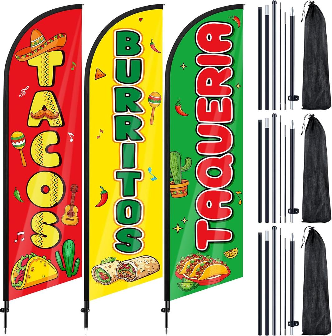 3 Pcs Tacos Burritos Feather Flag 7 ft Mexican Food Swooper Flag Mexican Restaurant Advertising Feather Banner with Pole and Ground Stake for Outside Store Business Markets