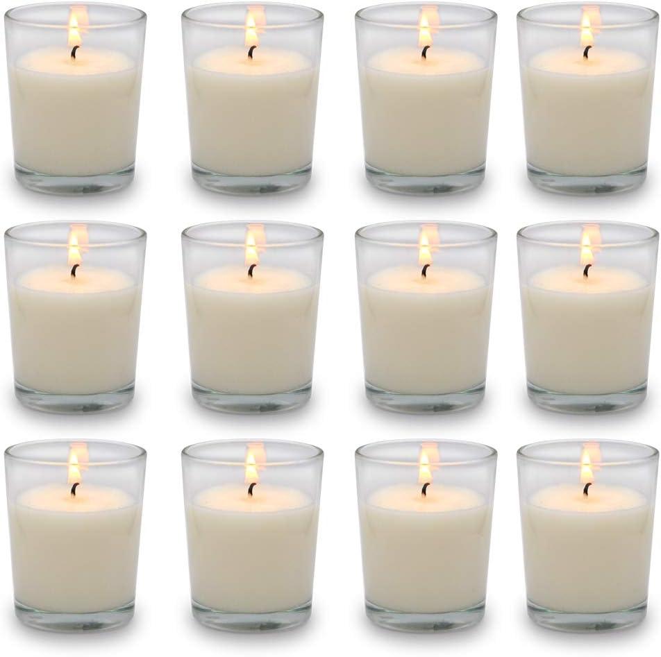 Set of 12 White Votive Candles, Clear Glass Filled Unscented Soy Wax Candle for Home Dcor Weddings Spa Holidays Party and DIY