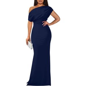 YMDUCH Women's Elegant Sleeveless Off Shoulder Bodycon Long Formal Party Evening Dress (Large, Navy)