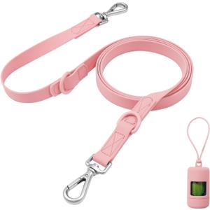 Waterproof Dog Leash with Poop Bag Holder, 5FT/6FT Adjustable Length with 2 Swivel Hooks, Odor-Free & Easy-Clean Dog Lead for Large Medium Small Dogs (5FT - 3/5inch Width, Pink)